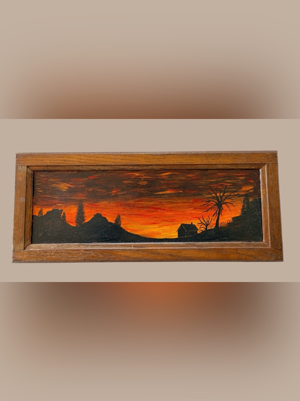 VTG Highwayman oil painting on wood cabinet door. 1970s.  Sunset. Unsigned.